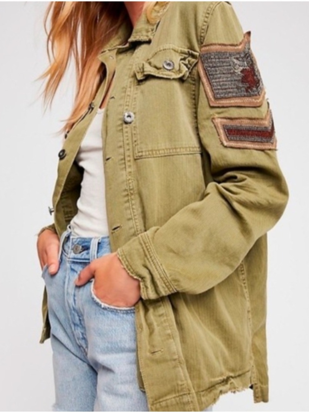 Free People Beaded Gorpcore Hipster Grunge Olive Utility Military Jacket Size M